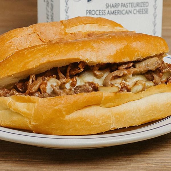 A close-up of a Courthouse Cafe cheesesteak sandwich with melted cheese and onions on a white plate.